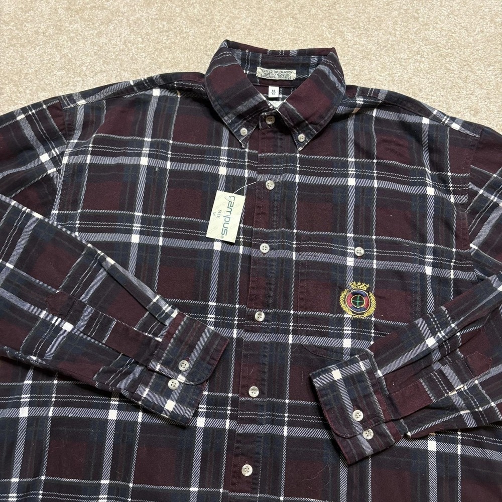 Vtg 80s Campus Flannel Shirt Mens Medium NWT Red Plaid Button Down LS Crest Logo